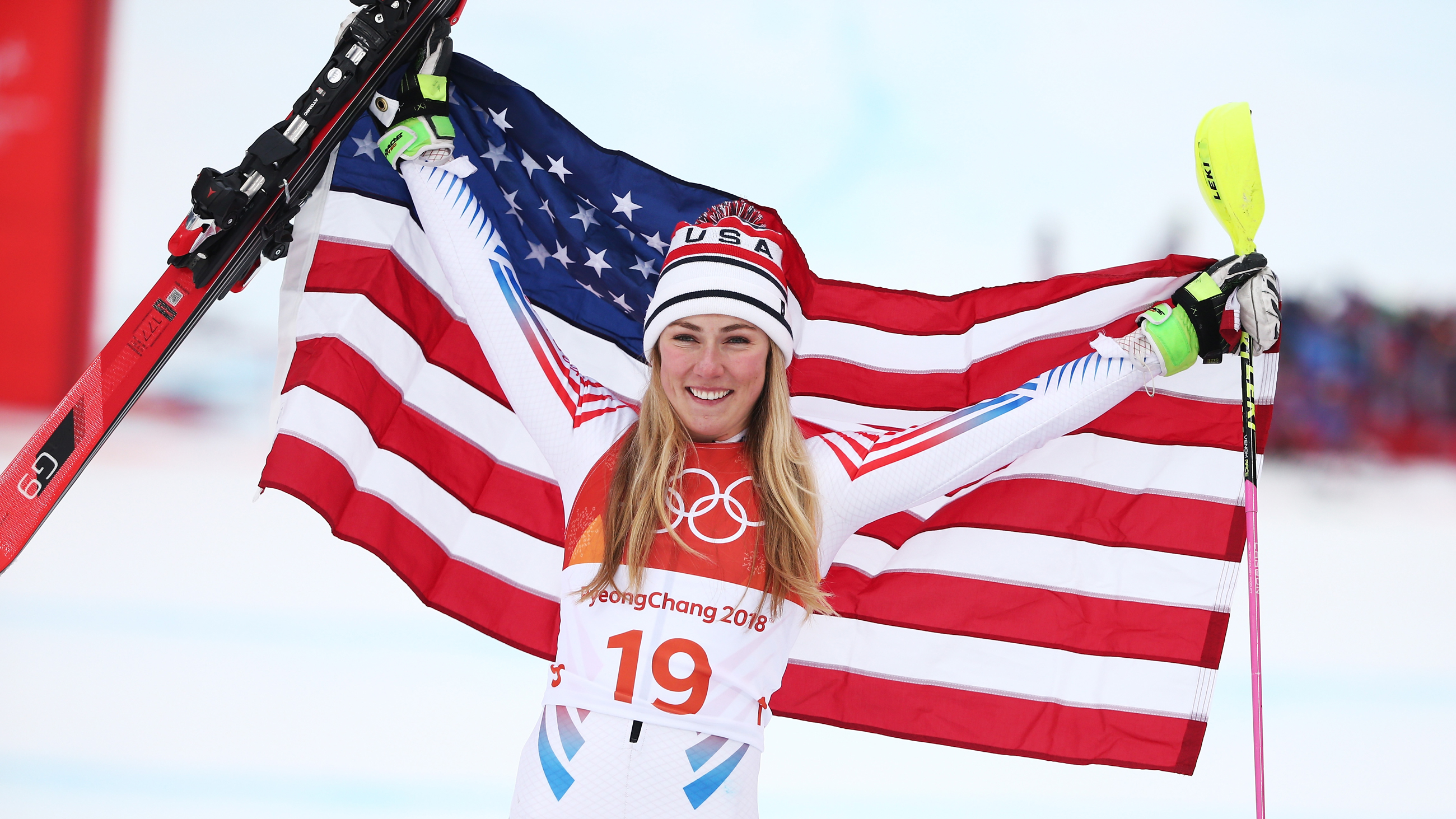 Mikaela Shiffrin celebrates her silver medal in alpine combined Thursday at the 2018 Olympic Winter Games. (Getty Images - Dan Istitene)