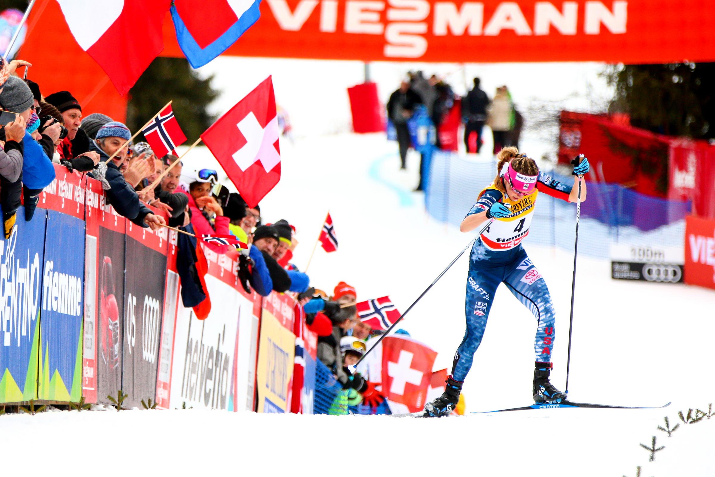 Jessica Diggins finished third in the final stage of the Tour de Ski in 2018 in Val di Fiemme, Italy. (Getty Images/Agency Zoom -  Laurent Salino)