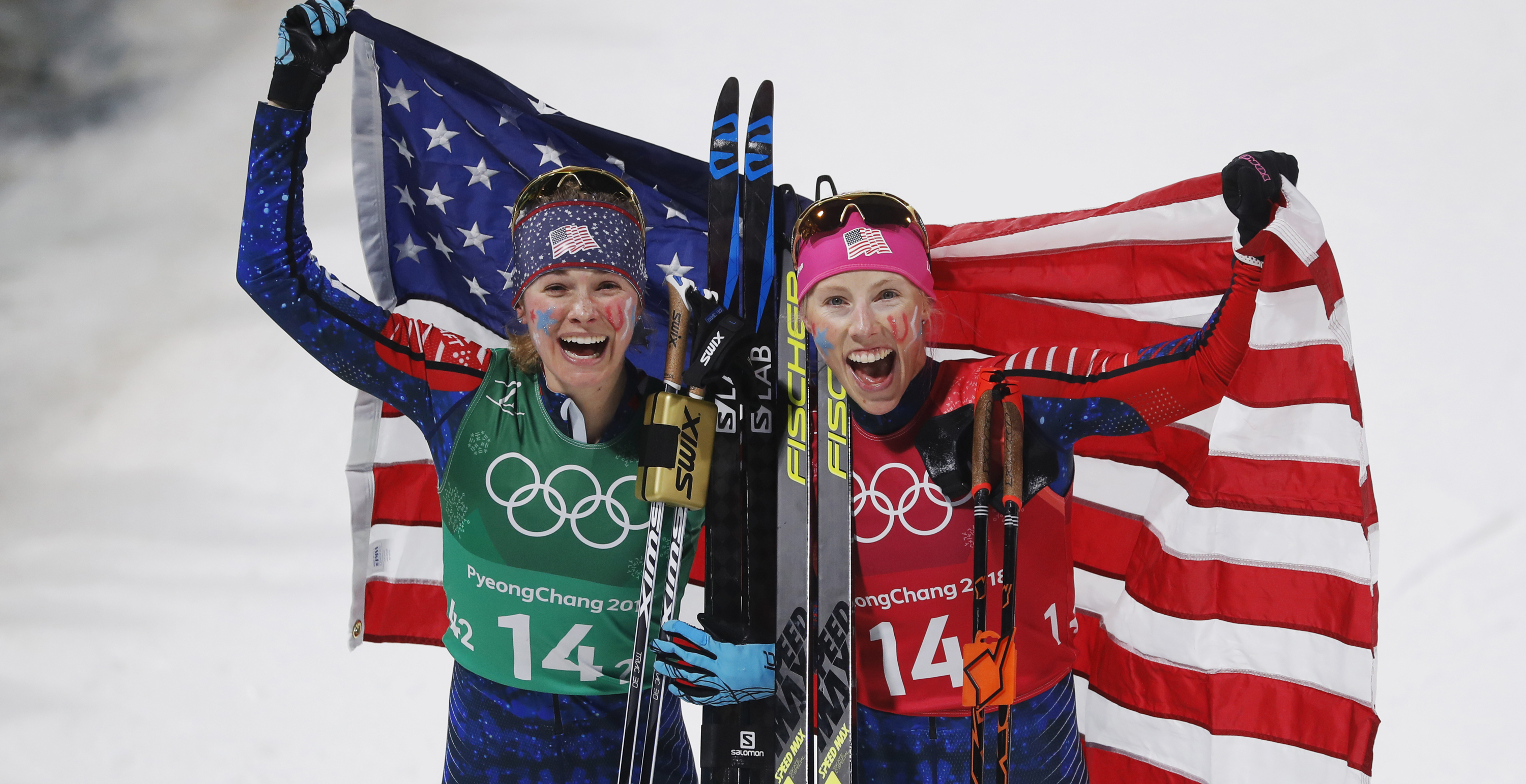 Kikkan Randall and Diggins Jessica celebrate winning gold during the women's Cross Country team sprint at Alpensia Cross-Country Centre Wednesday. (Getty Images - Nils Petter Nilsson)