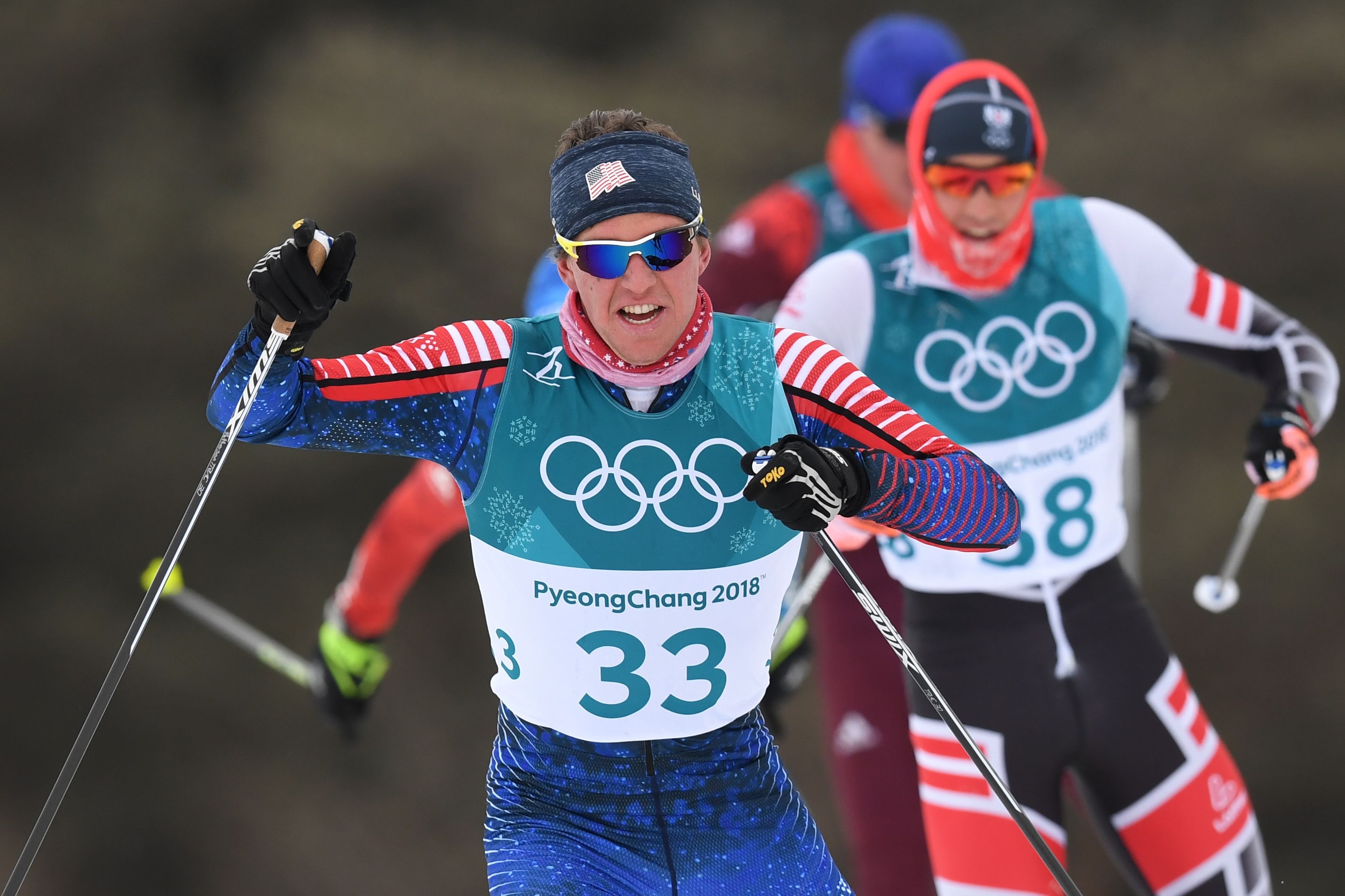 Scott Patterson competes in the men's skiathlon at the Alpensia cross country ski center Sunday. (Getty Images/AFP - Franck Fife)
