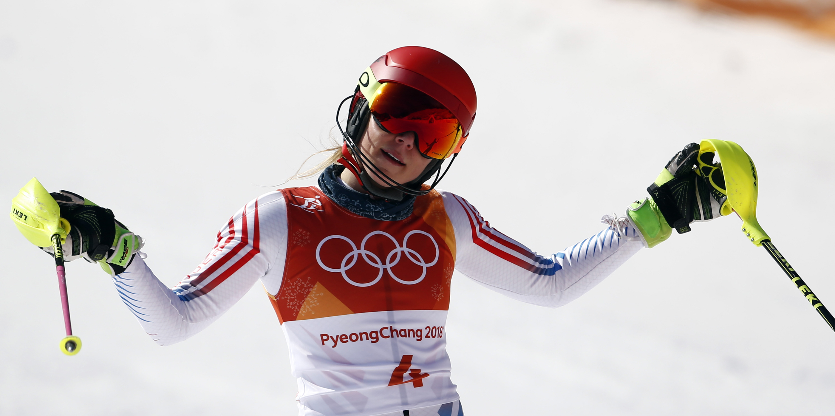 Mikaela Shiffrin reacts following her second run of slalom Friday at Yongpyong Alpine Centre. (Getty Images/Agence Zoom - Giovanni Auletta)