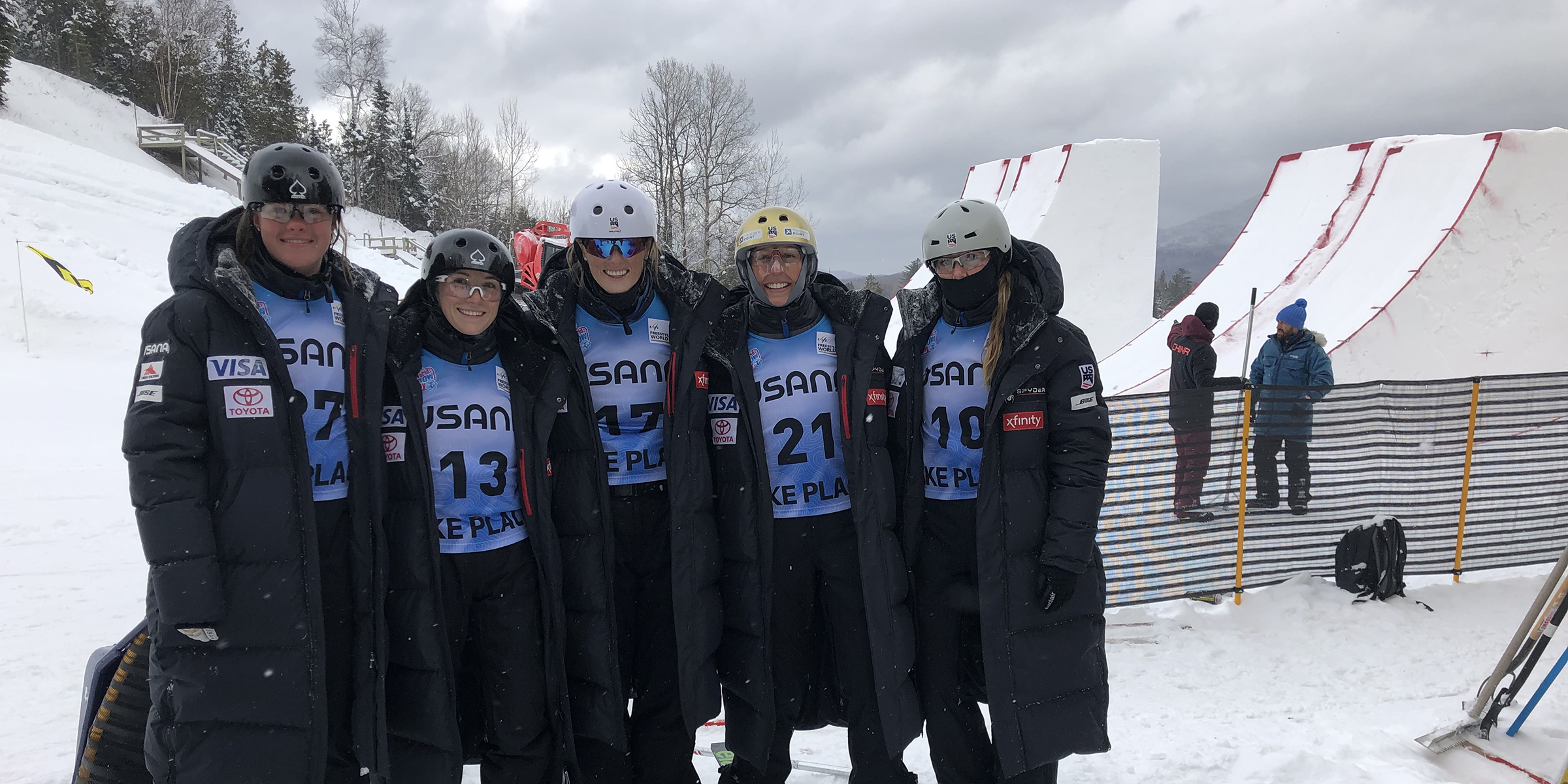 Kaila Kuhn, Madison Varmette, Megan Nick, Winter Vinecki and Morgan Northrop at the Olympic Jumping Complex in Lake Placid, New York