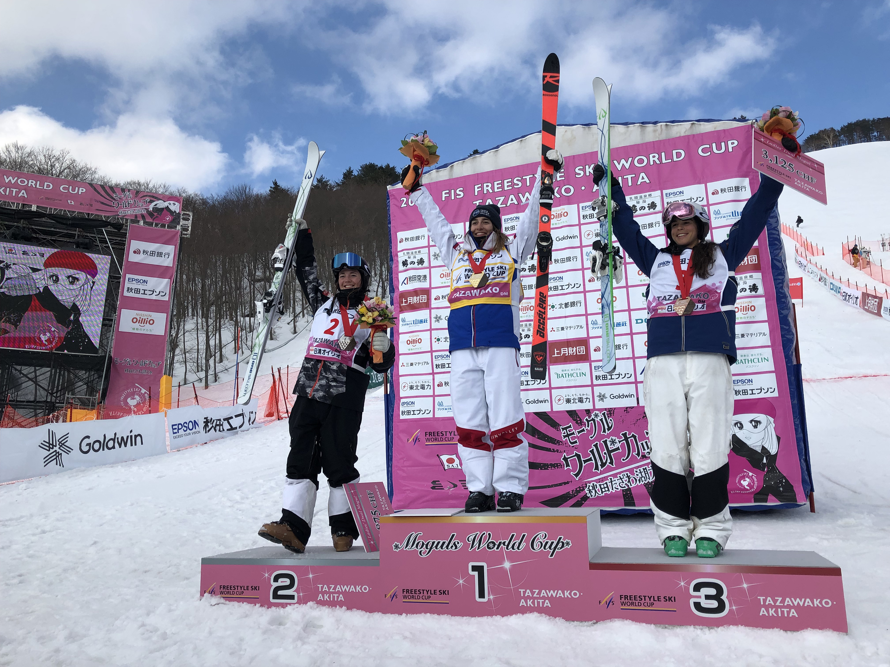 France's Perrine Laffont finished in first, Jaelin Kauf came in second and Australia's Jakara Anthony came in third at the dual moguls World Cup event in Tazawako, Japan on February 24.