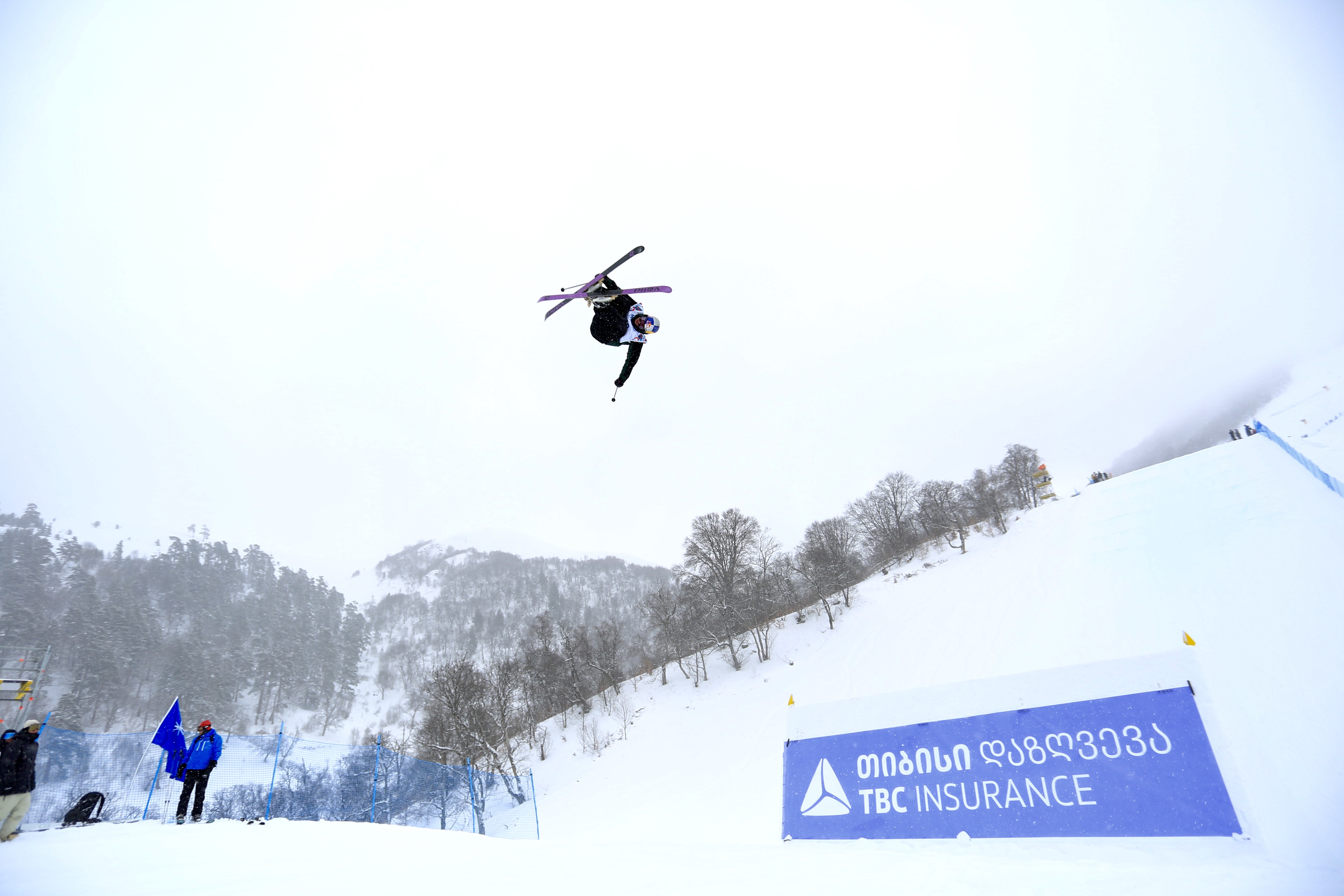 Hunter Henderson throws a trick off the third jump of the slopestyle course in Bakuriani, Georgia.