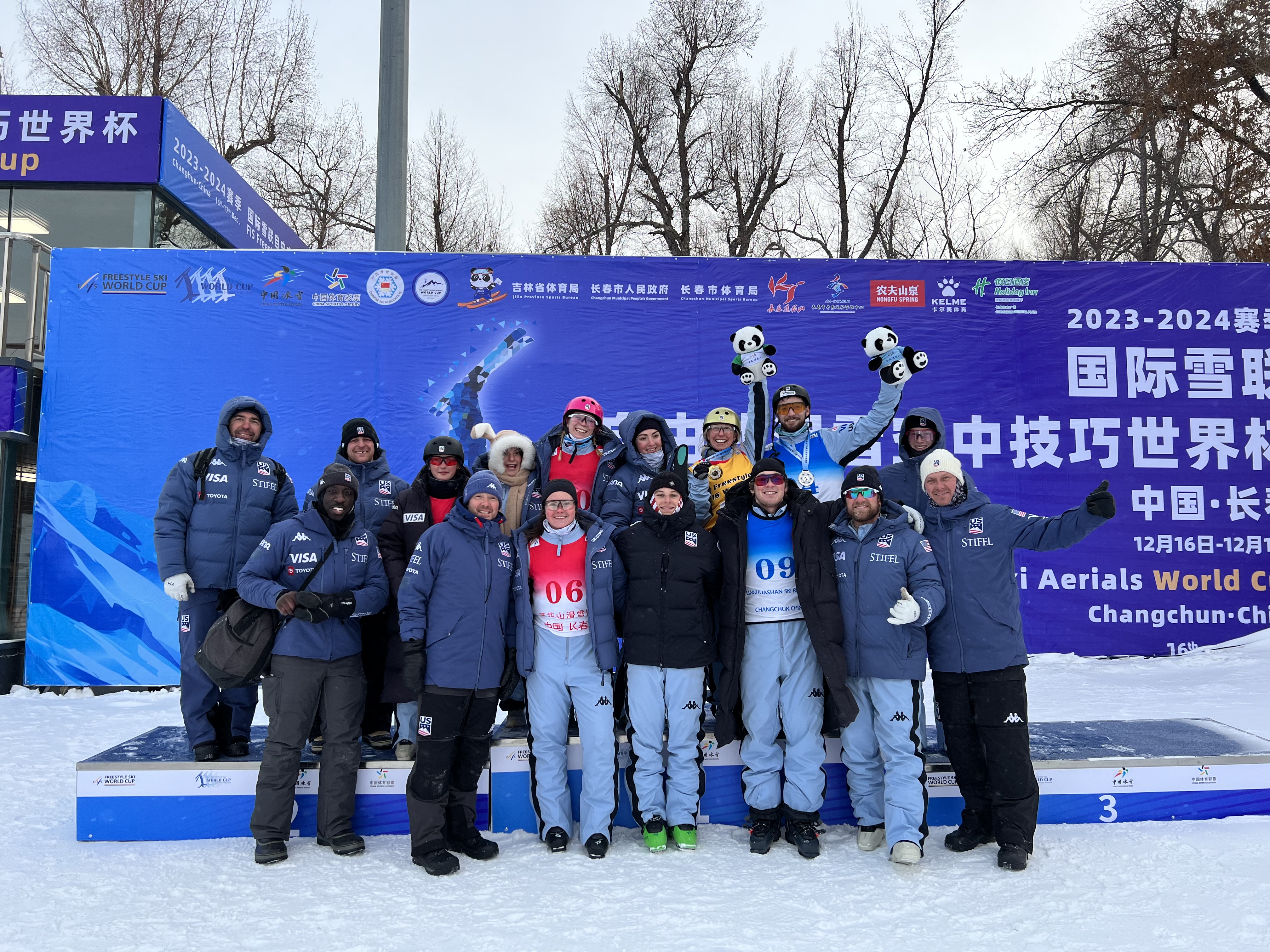 Stifel U.S. Freestyle Ski Team aerials athletes together on the podium after Winter Vinecki's win in Changchun