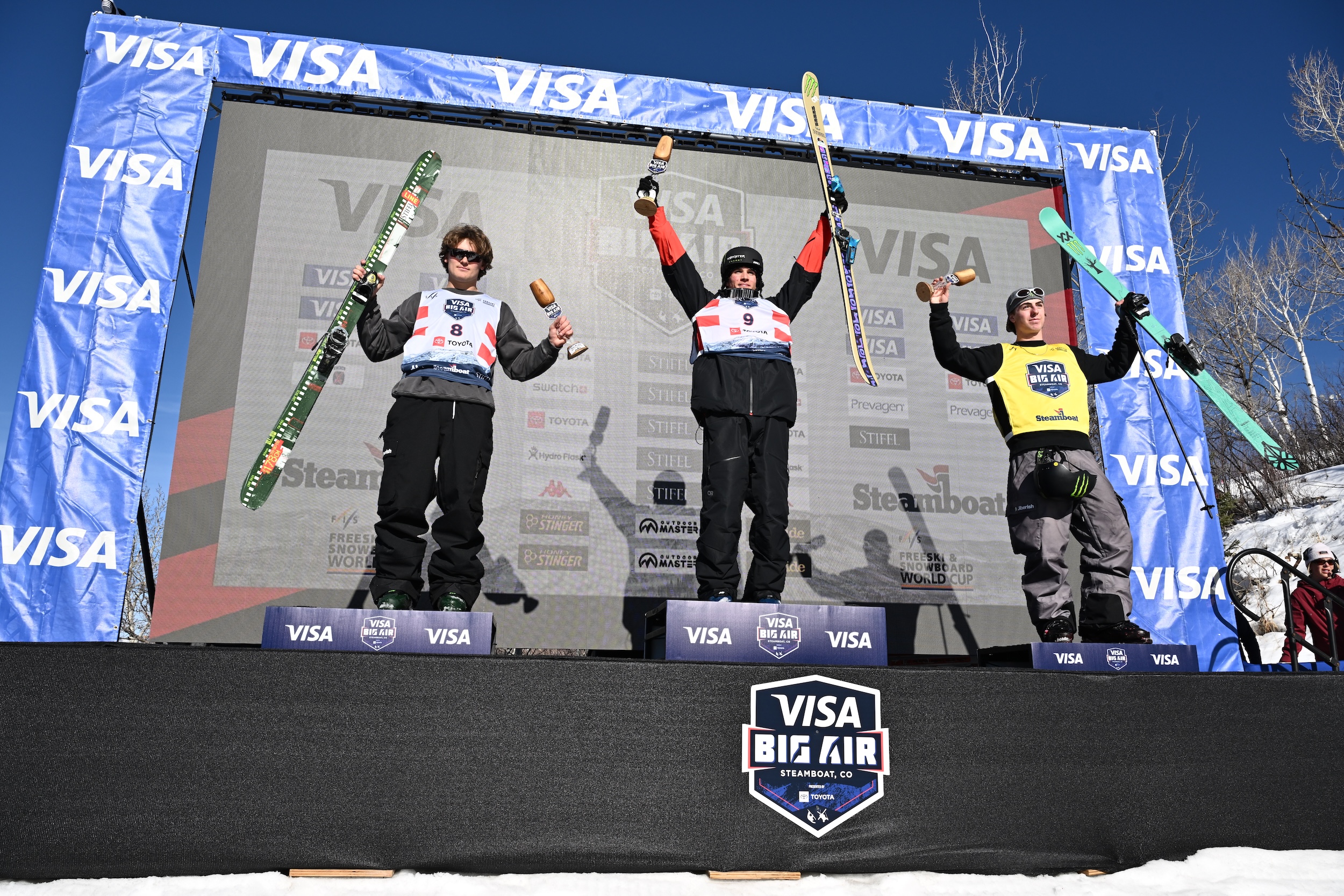 Troy Podmilsak, Konnor Ralph, and Luca Harrington on the Visa Big Air presented by Toyota podium at Steamboat