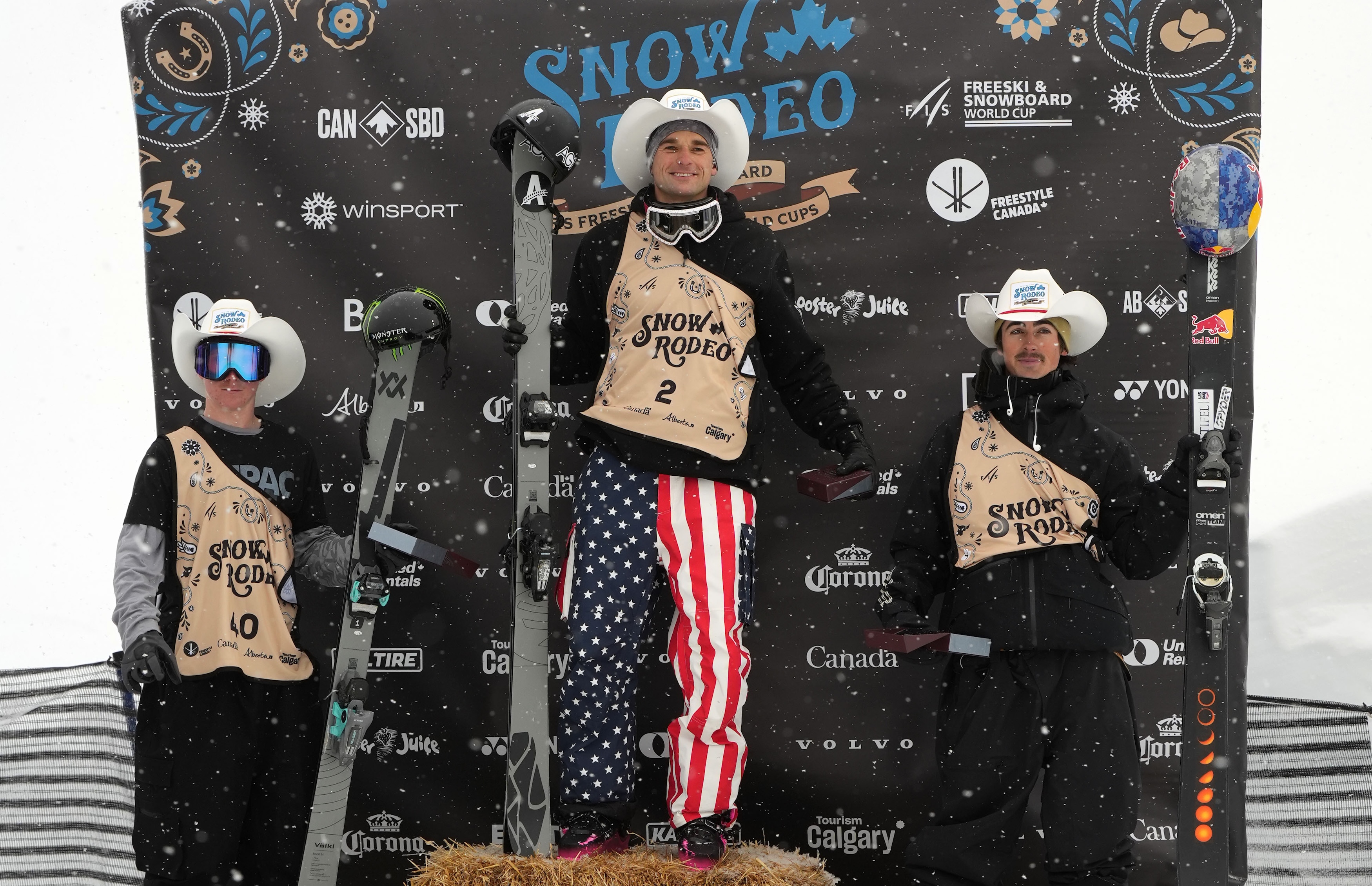 Nick Goepper, Finley Melville Ives, and Birk Irving on the Snow Rodeo podium in Calgary