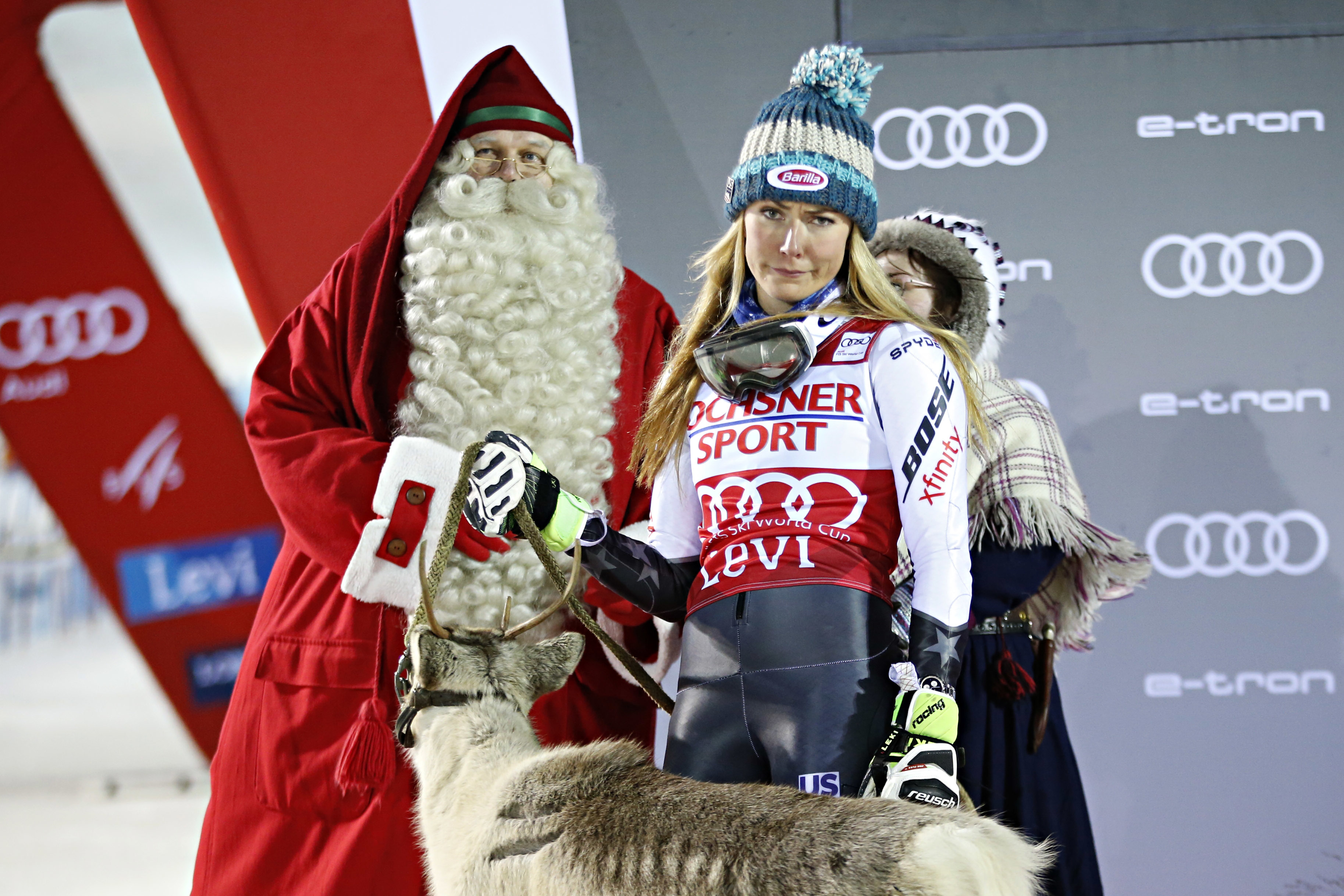 Mikaela Shiffrin and her reindeer "Mr. Gru"