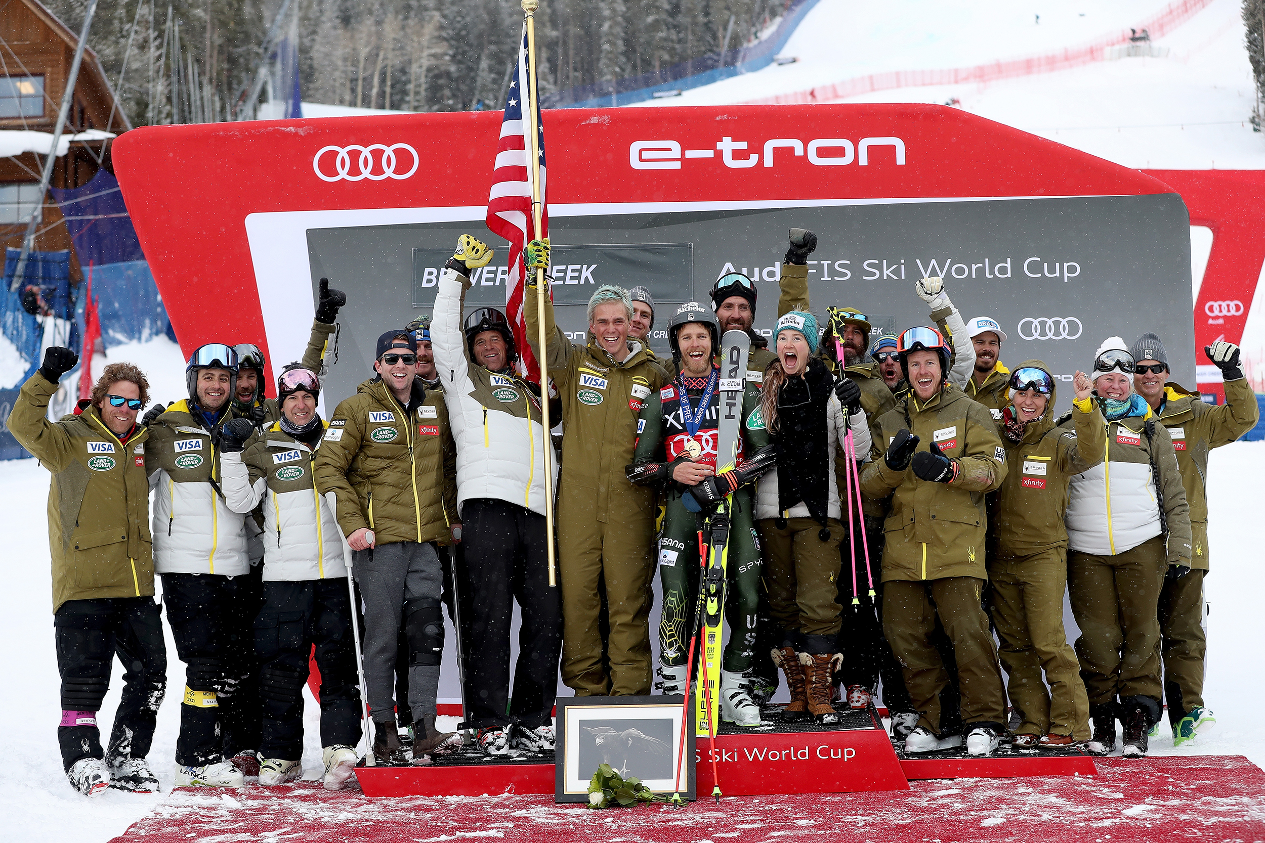 Tommy Ford celebrates with his teammates after his first career World Cup victory in Sunday's Birds of Prey giant slalom. (Getty Images - Matthew Stockman)