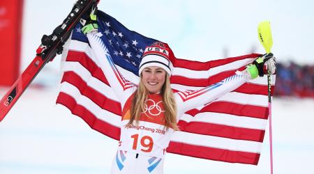 Mikaela Shiffrin celebrates her silver medal in alpine combined Thursday at the 2018 Olympic Winter Games. (Getty Images - Dan Istitene)
