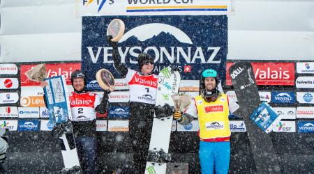 Nate Holland and Mick Dierdorff celebrate their 1-2 finish in Saturday's FIS Snowboardcross World Cup Veysonnaz, Switzerland. (FIS)