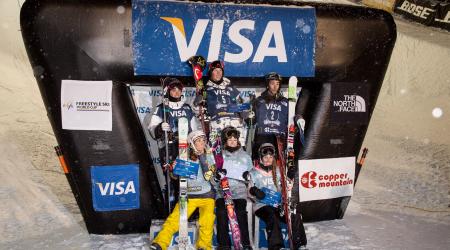 Gus Kenworthy, Aaron Blunck, Kevin Rolland, Marie Martinod, Brita Sigourney and Maddie Bowman at the 2013 U.S. Grand Prix at Copper Mountain, Colorado (U.S. Ski & Snowboard)