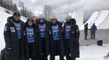 Kaila Kuhn, Madison Varmette, Megan Nick, Winter Vinecki and Morgan Northrop at the Olympic Jumping Complex in Lake Placid, New York