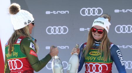 Alice Robinson of New Zealand celebrates winning her first FIS Ski World Cup race with Mikaela Shiffrin Saturday in Soelden, Austria. (Getty Images - Alexander Hassenstein)