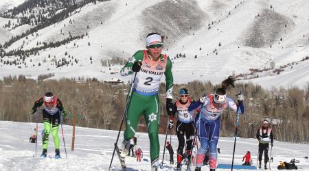Katherine Ogden leads the women's classic sprint at round 2 of the SuperTour in Sun Valley, Idaho. 