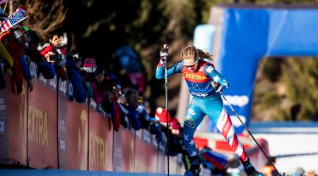 Jessie Diggins led the Davis U.S. Cross Country Ski Team in sixth place in final stage of the 14th Tour de Ski. (www.nordicfocus.com. © Modica/NordicFocus)