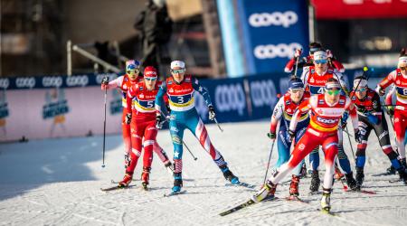 Julia Kern and Sophie Caldwell teamed up to finish fifth in the Team Sprint Sunday in Germany. (www.nordicfocus.com. © Thibaut/NordicFocus)
