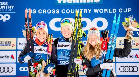 Jessie Diggins (right) finished third in the classic sprint at the 14th Tour de Ski Saturday in Val di Fiemme, Italy. (www.nordicfocus.com. © Modica/NordicFocus)