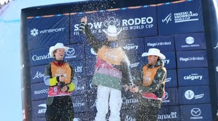 U.S Freeski Team Members Colby Stevenson (Left) and Nick Goepper (Right) stand atop the podium with Switzerland's Andri Ragettli (Center).