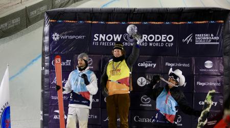 Aaron Blunk (Center) wins the overall halfpipe world cup alongside Canada's Noah Bowman (Left) and teammate Birk Irving (Right) in third.