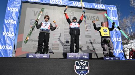 Troy Podmilsak, Konnor Ralph, and Luca Harrington on the Visa Big Air presented by Toyota podium at Steamboat