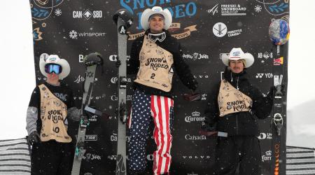 Nick Goepper, Finley Melville Ives, and Birk Irving on the Snow Rodeo podium in Calgary