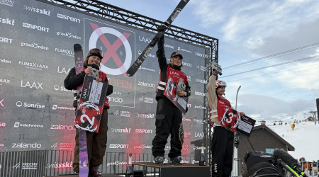 Marin Hamill on the podium at the Laax Open with Eileen Gu (CHN) and Lara Wolf (AUT)