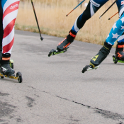Rollerskiers feet and lower legs skating