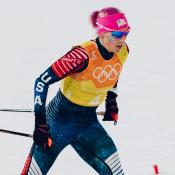 Kikkan Randall skies in the cross country 4x5m Relay at the 2018 Olympic Winter Games in PyeongChang